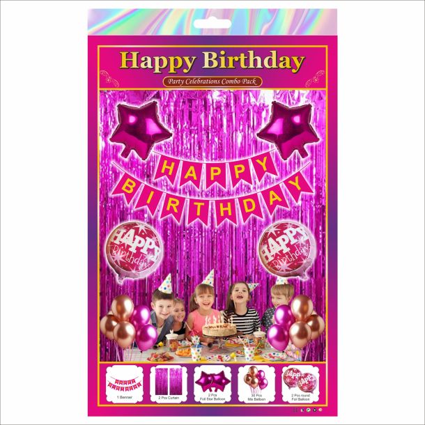 Magenta & Rose Gold Happy Birthday Decoration Combo Kit with Round Foil Balloons – 37 Pieces