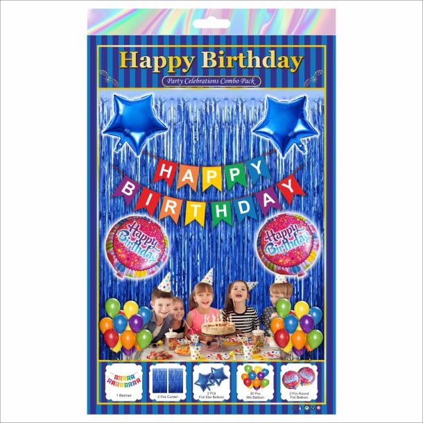 Multicolour Blue Happy Birthday Decoration Combo Kit with Round Foil Balloons – 37 Pieces