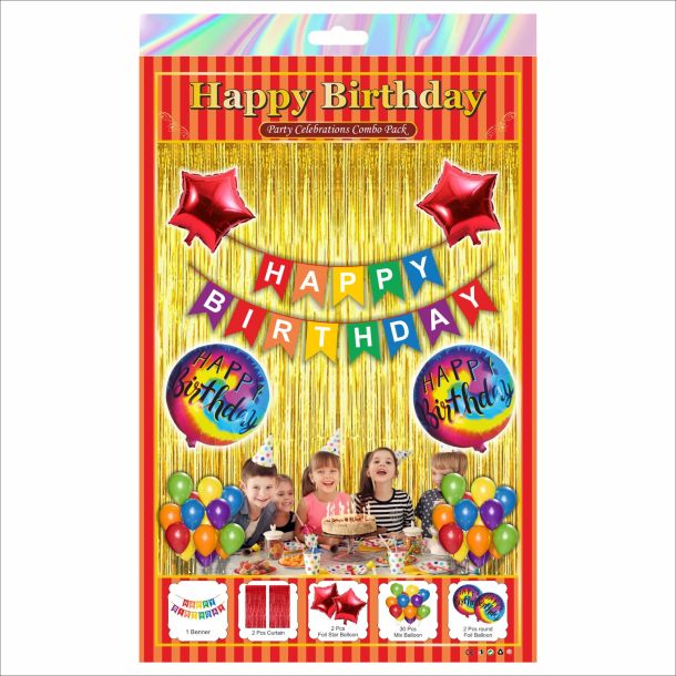 Red Multicolour Happy Birthday Decoration Combo Kit with Round Foil Balloons – 37 Pieces