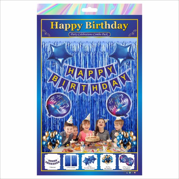 Blue, Black & Gold Happy Birthday Decoration Combo Kit with Round Foil Balloons – 37 Pieces