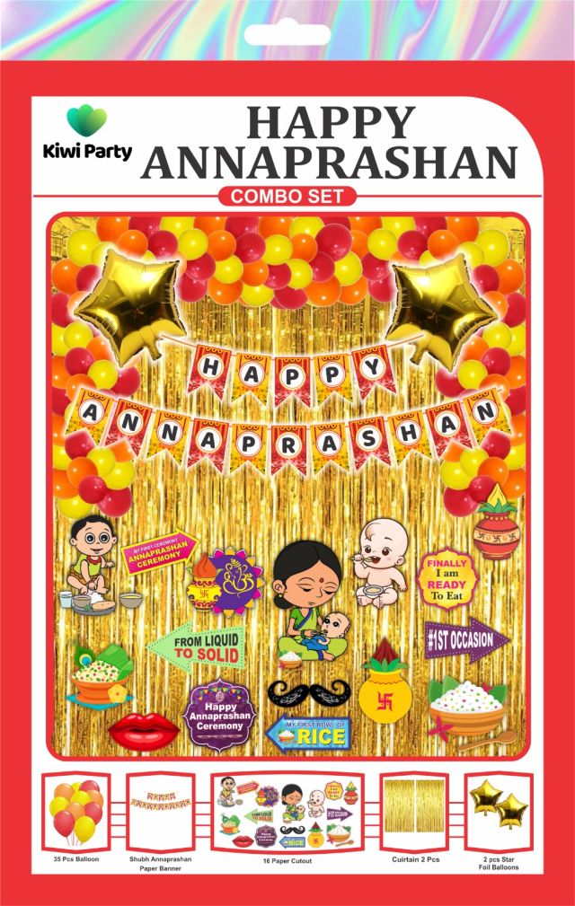 Buy Shubh Annaprashan combo set with balloons, banner, 16 paper cutouts, 2 foil curtains, and star foil balloons for rice ceremony, baby first food ceremony, home decoration, backdrop, and photo booth setup.